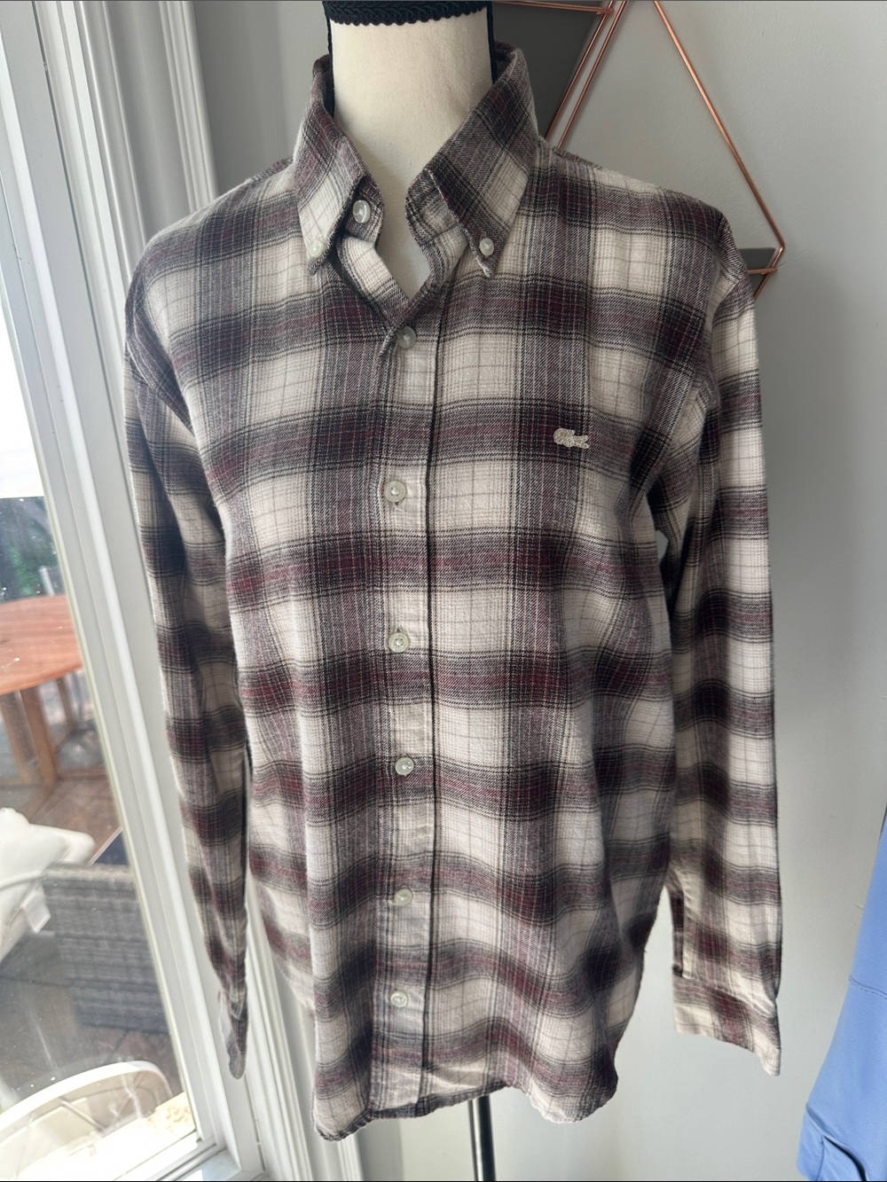 Lacoste Youth Large Fits Women’s Small Plaid Button-Down Shirt Gray Burgundy